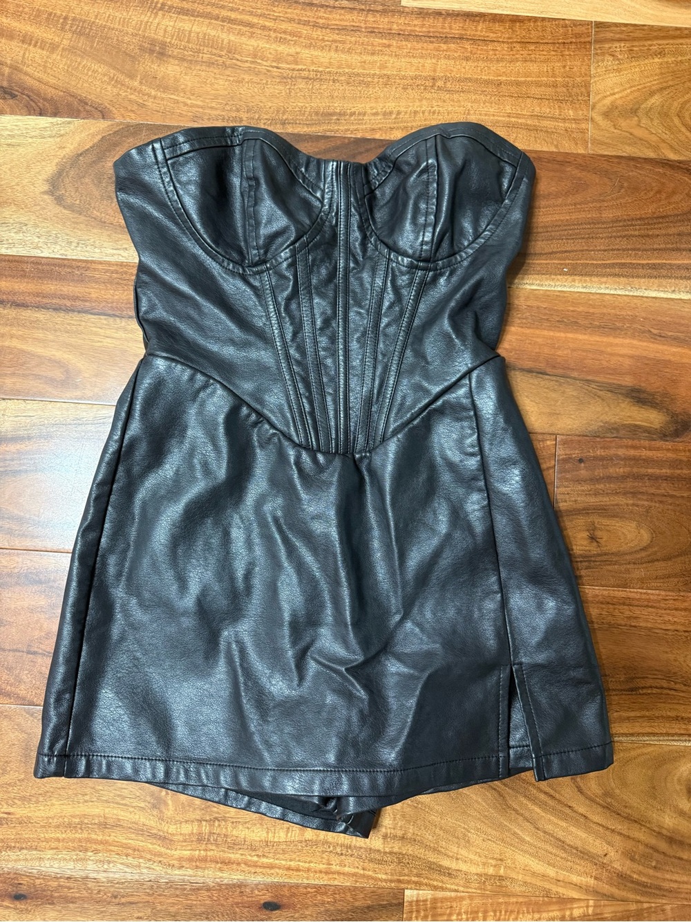 Lulu's Black Strapless Faux Leather Corset Mini Romper